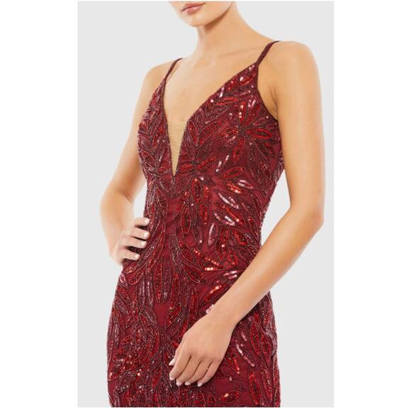 Mac Duggal 5107 Burgundy Red Embellished Leaf Plunge Evening Gown 12 NEW $498 - Picture 10 of 10